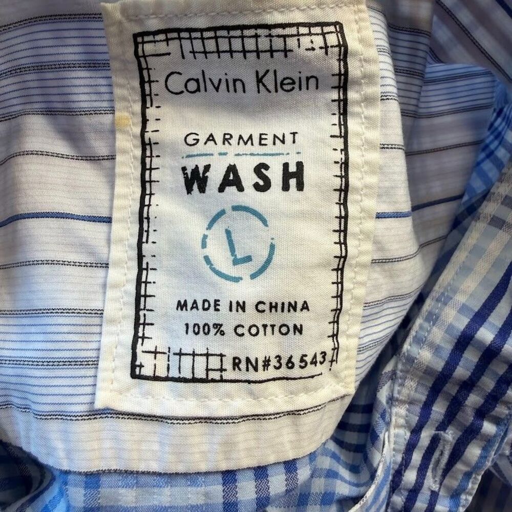 Calvin Klein Wash 100% Cotton Long Sleeve Button Down Blue/White Plaid Shirt, L - Picture 5 of 10